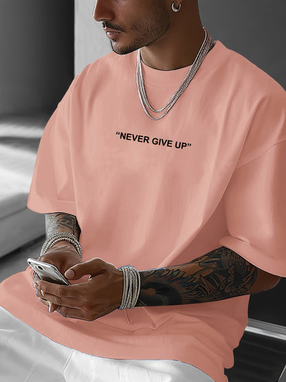 Men's "Never Give Up" Graphic Print Casual T-Shirt - Comfortable Crew Neck, Short Sleeve, Loose Fit for Spring & Summer, White Polyester Tee for Casual Attire, Casual Summer Wear | Loose Fit Top | Smooth Texture