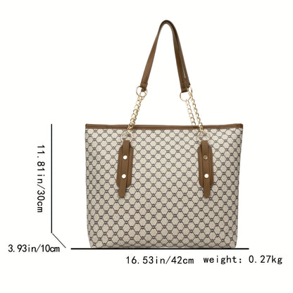 Rubyn Women's Large Capacity Tote Bag - Beige/ & Brown Greek Key Logo Handbag, Versatile Shoulder Purse for Women,, Travel, Everyday Use, Everyday Bag For Women, Casual Bag For Women, Casual Style Tote Bag, Medium Size Tote B