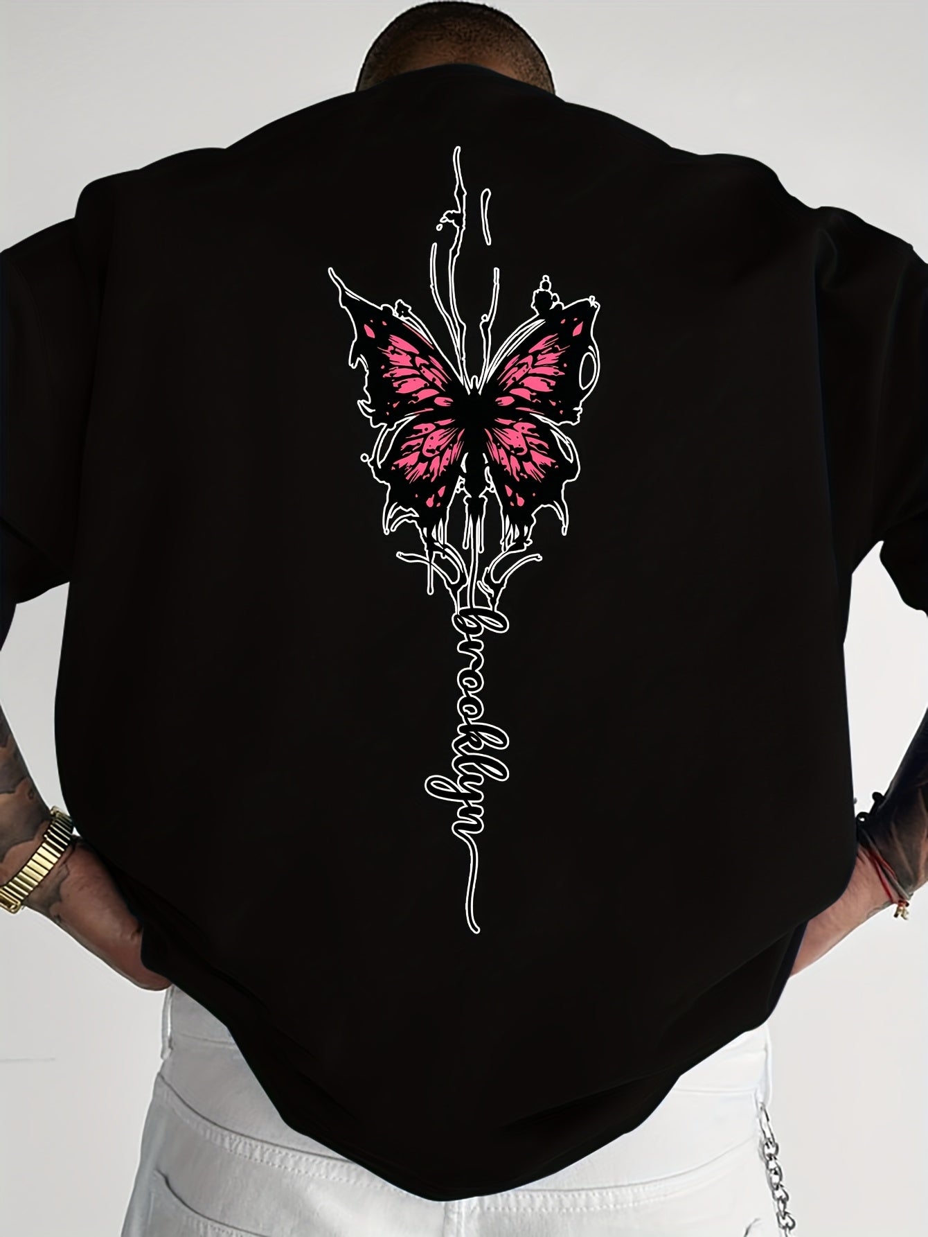 Men's Streetwear Graphic T-Shirt with Pink Butterfly & Brooklyn Letter Print - Loose Fit Casual Summer Tee, Breathable Round Neck Short Sleeve Shirt for Urban Fashion, Casual Attire, Streetstyle Tee, Relaxed Fit Top