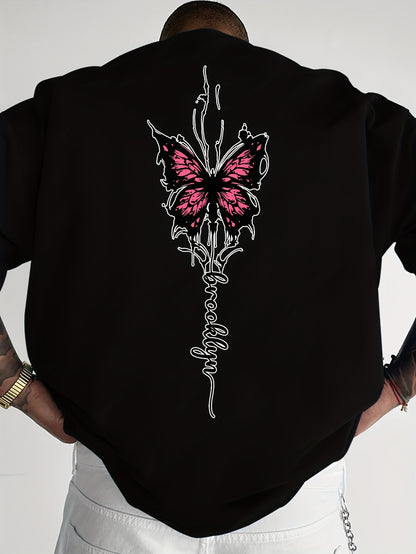 Men's Streetwear Graphic T-Shirt with Pink Butterfly & Brooklyn Letter Print - Loose Fit Casual Summer Tee, Breathable Round Neck Short Sleeve Shirt for Urban Fashion, Casual Attire, Streetstyle Tee, Relaxed Fit Top