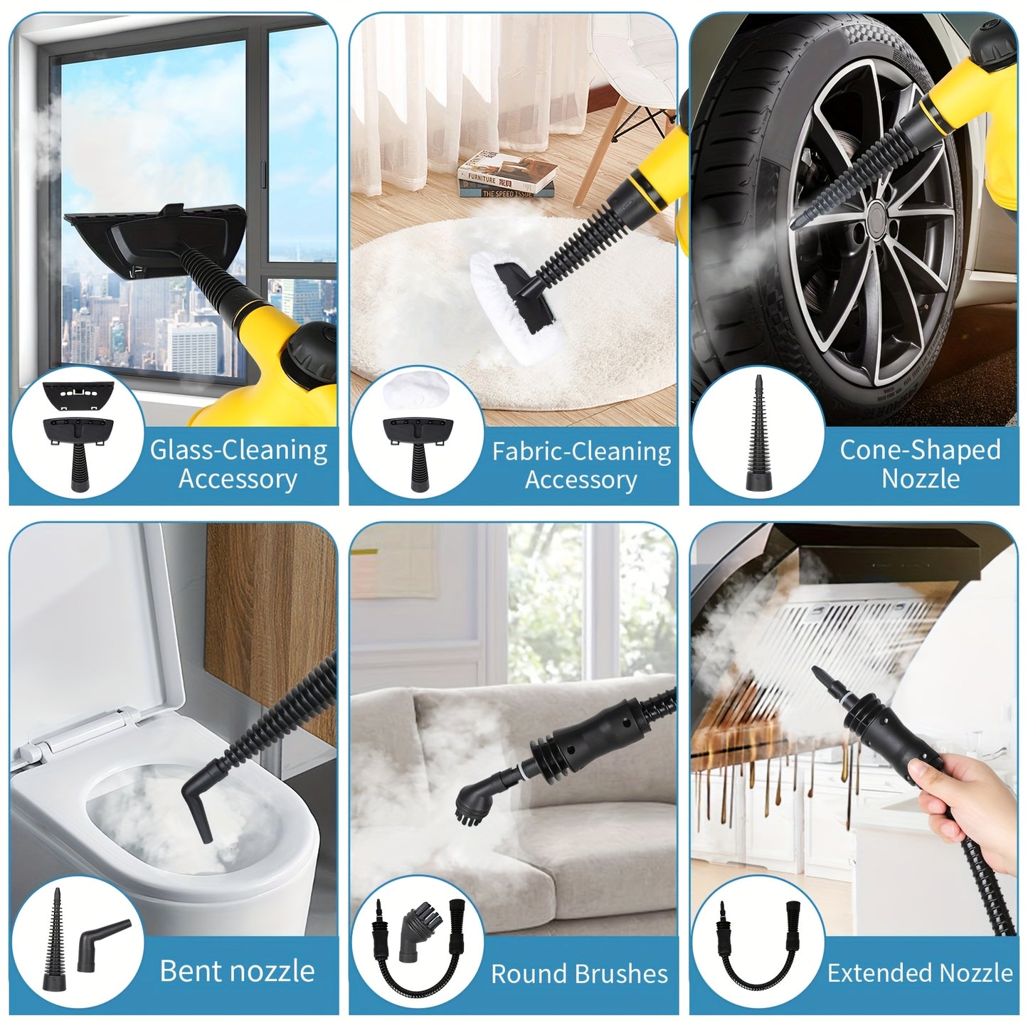 ESUPER Handheld Pressurized Steam Cleaner - 600W 220-240V Multi-Surface Steamer with 3 Brush Heads, 2 Nozzles & 2 Attachments for Home, Car, Upholstery, Grout - Ergonomic Design, Durable ABS Resin, European Plug, 350ml Capaci