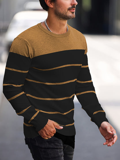 Men's Casual Striped Knit Pullover Sweater - Navy & White Contrast, Regular Fit H-Silhouette, Long Sleeve Crew Neck, Medium Stretch, Machine Washable for Spring & Fall, Mediumstretch Fabric