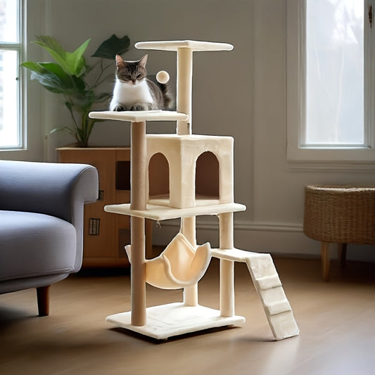 Multi-Level Cat Tree Tower with Scratching Posts, Condo & Swing - Durable Cardboard Cat Furniture with Plush Cushions, Space-Saving Design for Indoor Cats, Easy Assembly, Cat Climbing Tower, Pet Activity Center, Modern Pet Fu