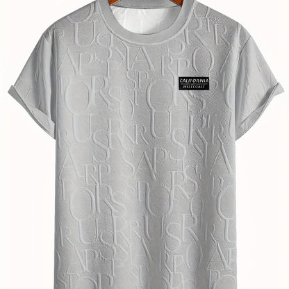 Men's Summer Casual Short Sleeve T-Shirt - Relaxed Fit Round Neck with Vertical Letter Print & Elastic Cuffs, Breathable Fabric for Daily Wear, Commuting & Outdoor Activities, Shirts for Summer