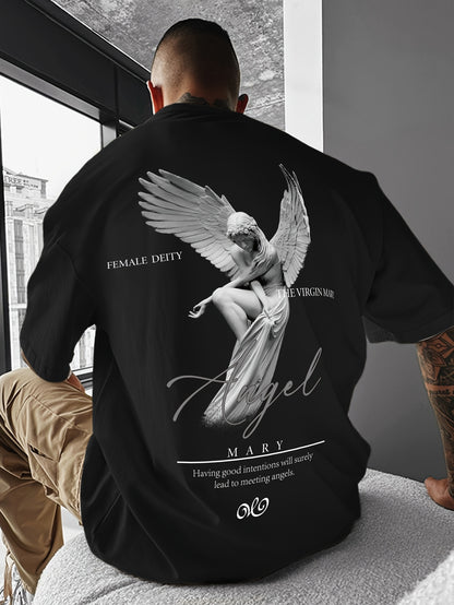 Men'S Casual Street Style Angel Graphic T-Shirt - "Female Devity" Print, Loose Fit, Polyester Blend, Summer Essential, Textured Look, Black with White Design, Short Sleeve, Round Neck, Perfect for Casual Attire, Everyday Tshi