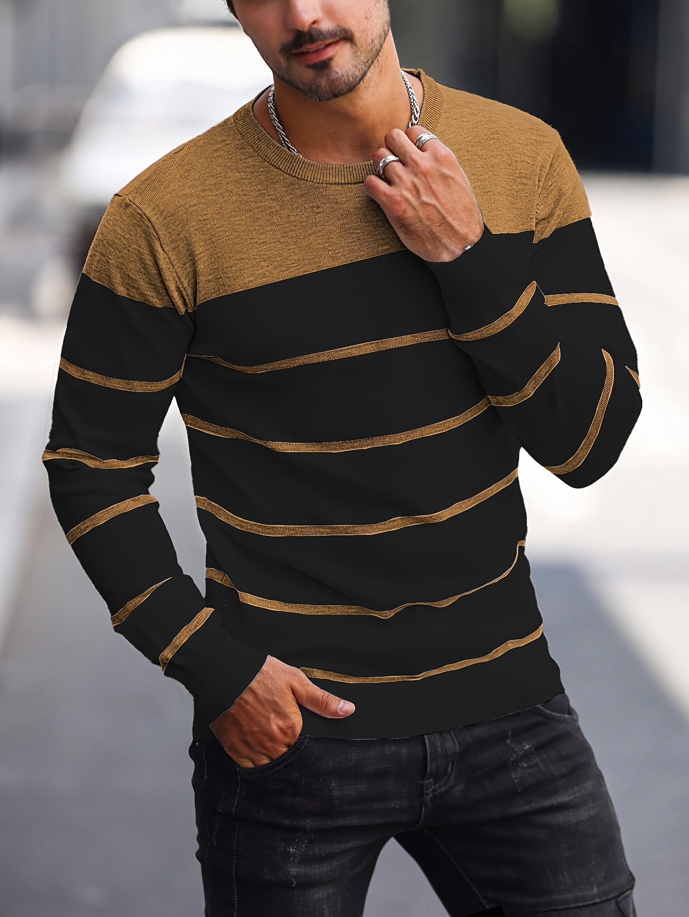 Men's Casual Striped Knit Pullover Sweater - Navy & White Contrast, Regular Fit H-Silhouette, Long Sleeve Crew Neck, Medium Stretch, Machine Washable for Spring & Fall, Mediumstretch Fabric