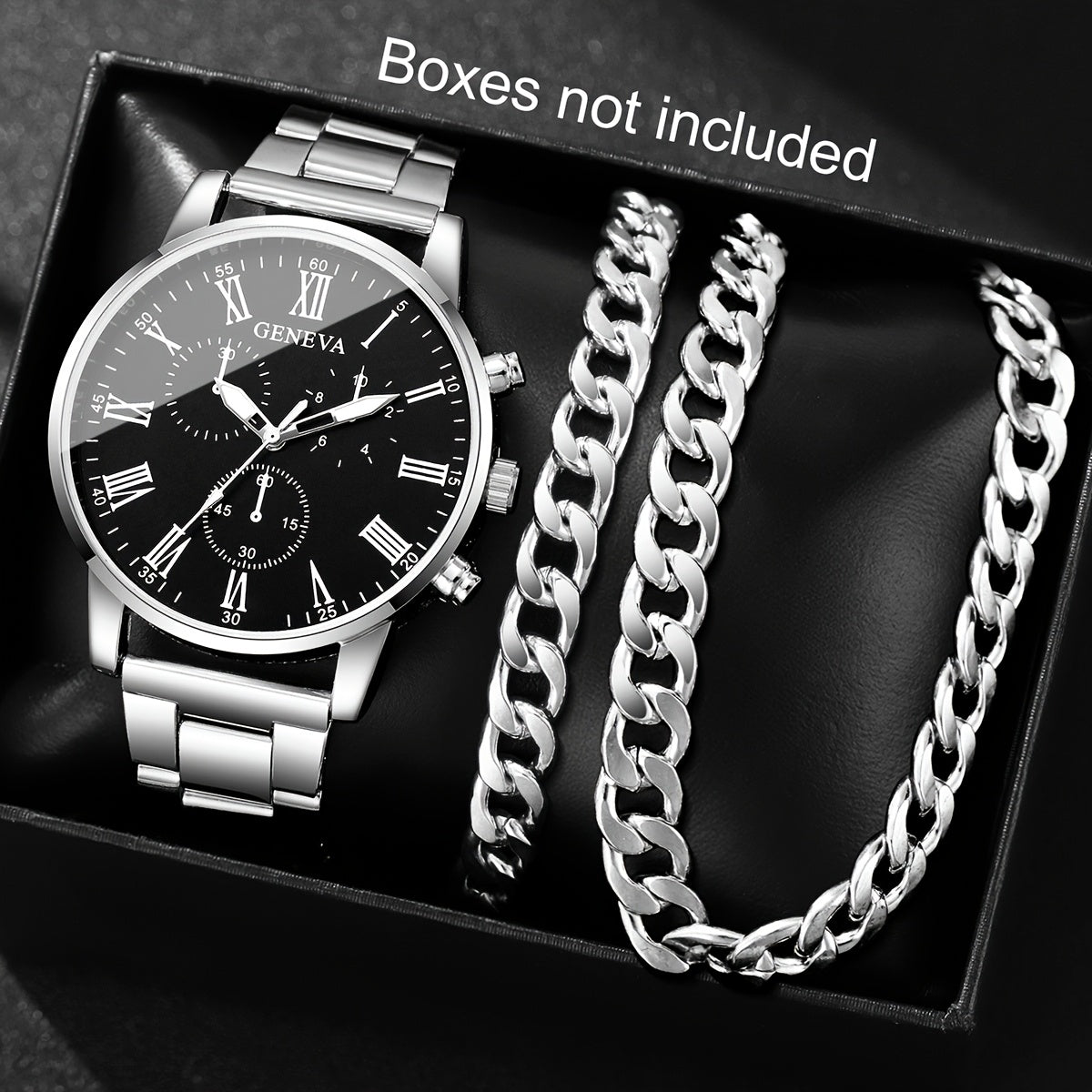 3pcs Men'S Fashion Casual Roman Numeral Quartz Watch with Necklace and Bracelet Set, Suitable for Father'S Day, Teacher'S Day, Thanksgiving, Students, Graduation, Birthday, Best Gift
