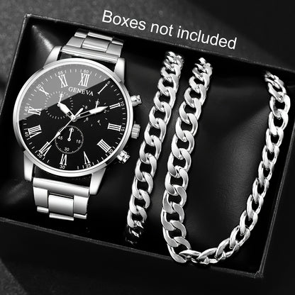 3pcs Men'S Fashion Casual Roman Numeral Quartz Watch with Necklace and Bracelet Set, Suitable for Father'S Day, Teacher'S Day, Thanksgiving, Students, Graduation, Birthday, Best Gift