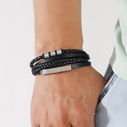 New Hot Selling Men's Vintage Hand-woven Multi-layer Beaded Alloy Magnetic Buckle PU Men's Bracelet