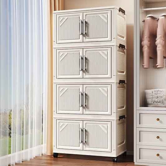 Large Capacity Storage Cabinet with Lid Multi-Layer Stackable Storage Box, Foldable Plastic Storage Box with Wheels, Closet Organizer and Storage Box, Decorative Cube Wardrobe Organizer, Closet Storage Box for Living Room, Be