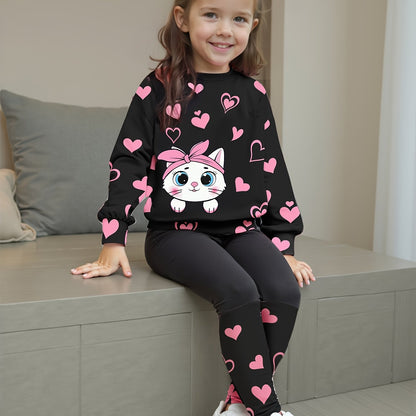 Girls' Spring/Autumn Heart Print Round Neck T-Shirt + Casual Patchwork Pants Cute Cat Pattern Two-Piece Set