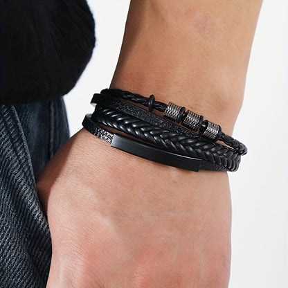 New Hot Selling Men's Vintage Hand-woven Multi-layer Beaded Alloy Magnetic Buckle PU Men's Bracelet