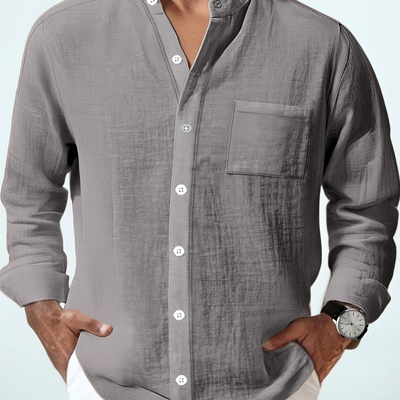 Men's Lightweight 95% Linen Shirt - Breathable Summer Casual Button-Up with Stand Collar, Regular Fit for Beach & Urban Wear, Solid Color