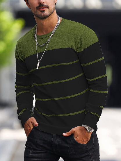 Men's Casual Striped Knit Pullover Sweater - Navy & White Contrast, Regular Fit H-Silhouette, Long Sleeve Crew Neck, Medium Stretch, Machine Washable for Spring & Fall, Mediumstretch Fabric