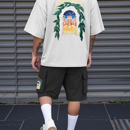 New Loose-Fitting Breathable Men'S Round Neck Short-Sleeved T-Shirt And Workwear Style Multi-Pocket Shorts Set Summer Leisure Sports Two-Piece Suit, Fashionable Sports Casual Versatile Tops And Pants for Men And Women