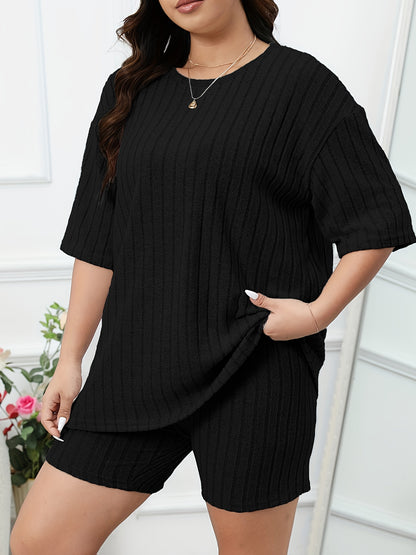 Women's Casual Lounge Set, Plus Size Solid Ribbed Short Sleeve Round Neck Top & Shorts Pajamas 2 Piece Set