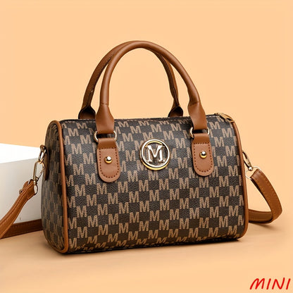 Perfect Lily Women'S Mini Shoulder Bag with Golden "M" Monogram - Elegant Houndstooth Design, Detachable Strap, Lightweight Synthetic Faux Leather Purse for Work, Travel, Parties & Gifts (White/Black/Brown), Small Crossbody B