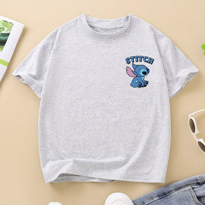 Cute Stitch Print Kids Short Sleeve Shirt 1-12Y Boys Girls Summer Outdoor Soft Fabric Breathable Top Perfect Birthday & Holiday Present