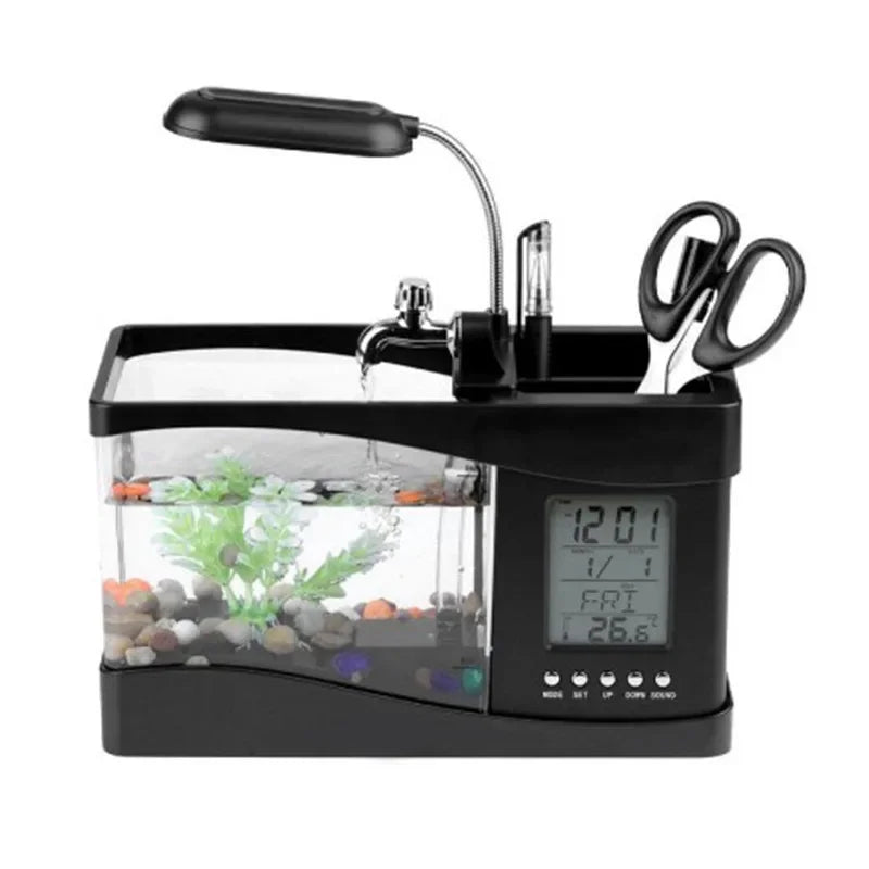 Creative Mini Aquarium USB LED Desk Lamp Home Decorative Items Calendar Clock Time Alarm Clock Plastic Electronic Powered