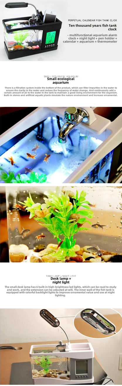 Creative Mini Aquarium USB LED Desk Lamp Home Decorative Items Calendar Clock Time Alarm Clock Plastic Electronic Powered