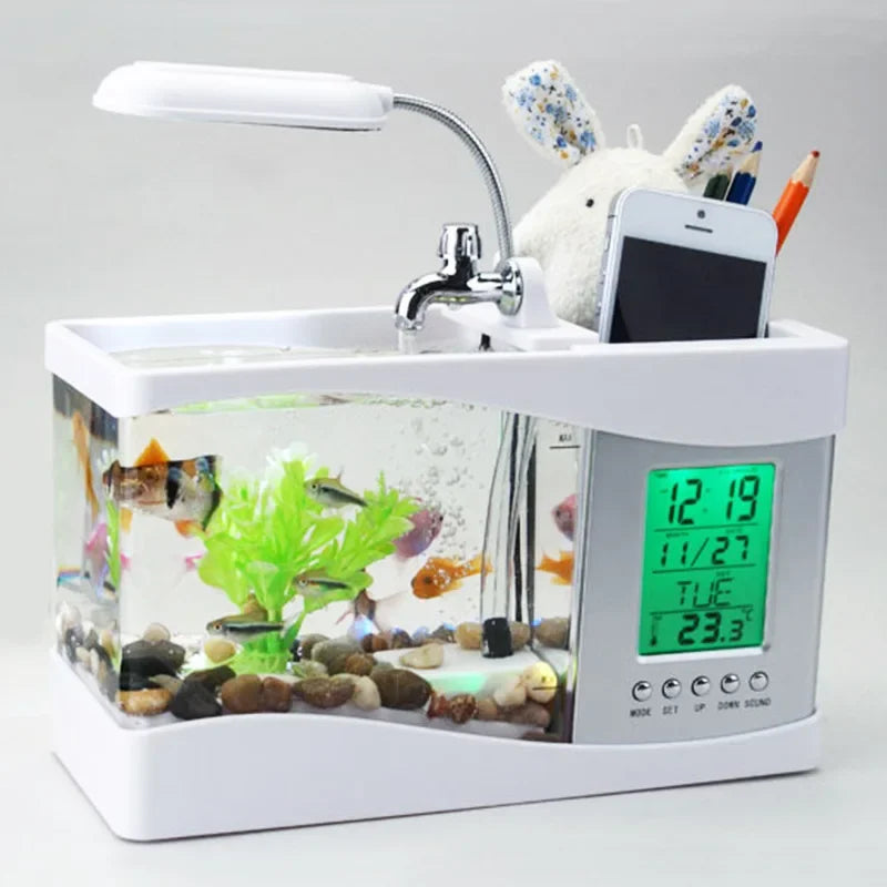 Creative Mini Aquarium USB LED Desk Lamp Home Decorative Items Calendar Clock Time Alarm Clock Plastic Electronic Powered