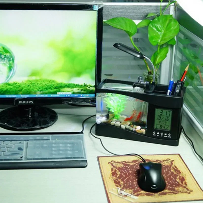 Creative Mini Aquarium USB LED Desk Lamp Home Decorative Items Calendar Clock Time Alarm Clock Plastic Electronic Powered