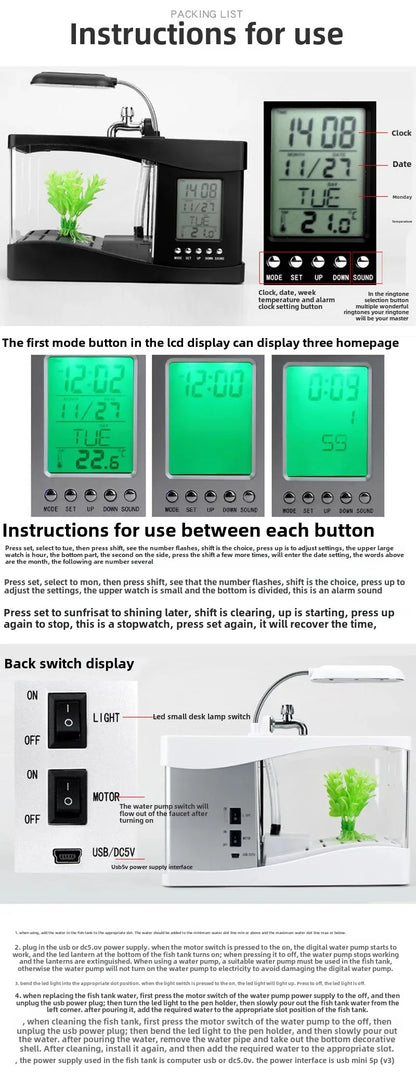 Creative Mini Aquarium USB LED Desk Lamp Home Decorative Items Calendar Clock Time Alarm Clock Plastic Electronic Powered
