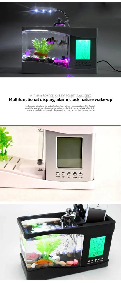 Creative Mini Aquarium USB LED Desk Lamp Home Decorative Items Calendar Clock Time Alarm Clock Plastic Electronic Powered