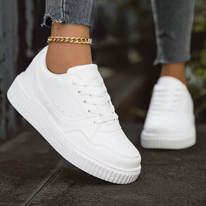 Women's White Low-Top Casual Sneakers - Lightweight Comfortable Lace-Up Shoes with Synthetic Cover Upper, EVA Cushioned Sole & Breathable Fabric Lining for All-Season Versatile Wear, Shoe Laces for Sneakers, Minimalist Design