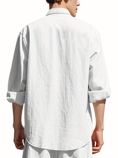 Men's Lightweight 95% Linen Shirt - Breathable Summer Casual Button-Up with Stand Collar, Regular Fit for Beach & Urban Wear, Solid Color