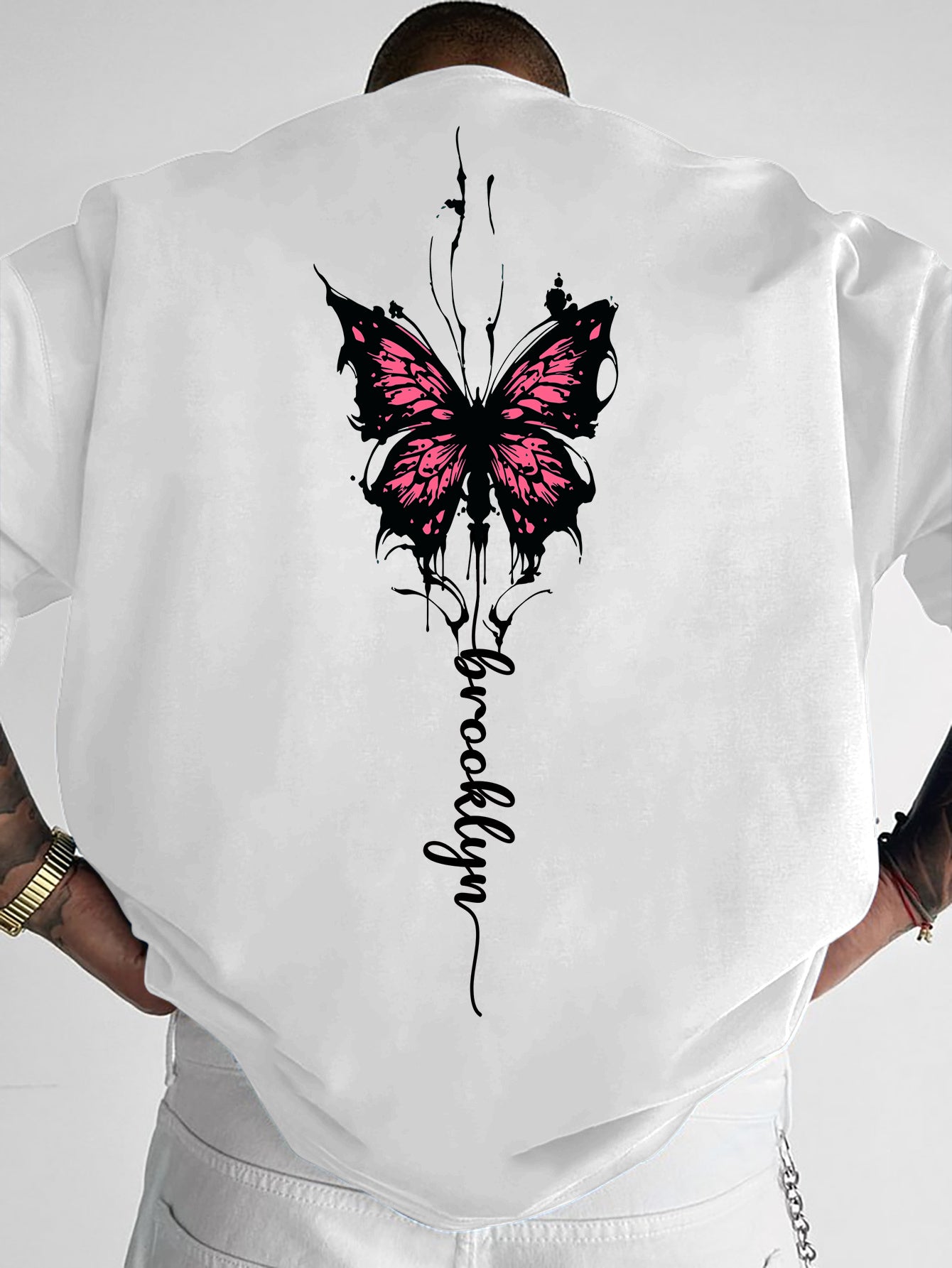 Men's Streetwear Graphic T-Shirt with Pink Butterfly & Brooklyn Letter Print - Loose Fit Casual Summer Tee, Breathable Round Neck Short Sleeve Shirt for Urban Fashion, Casual Attire, Streetstyle Tee, Relaxed Fit Top