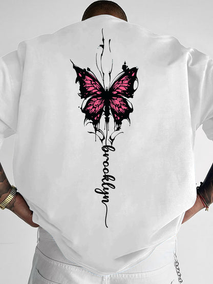 Men's Streetwear Graphic T-Shirt with Pink Butterfly & Brooklyn Letter Print - Loose Fit Casual Summer Tee, Breathable Round Neck Short Sleeve Shirt for Urban Fashion, Casual Attire, Streetstyle Tee, Relaxed Fit Top
