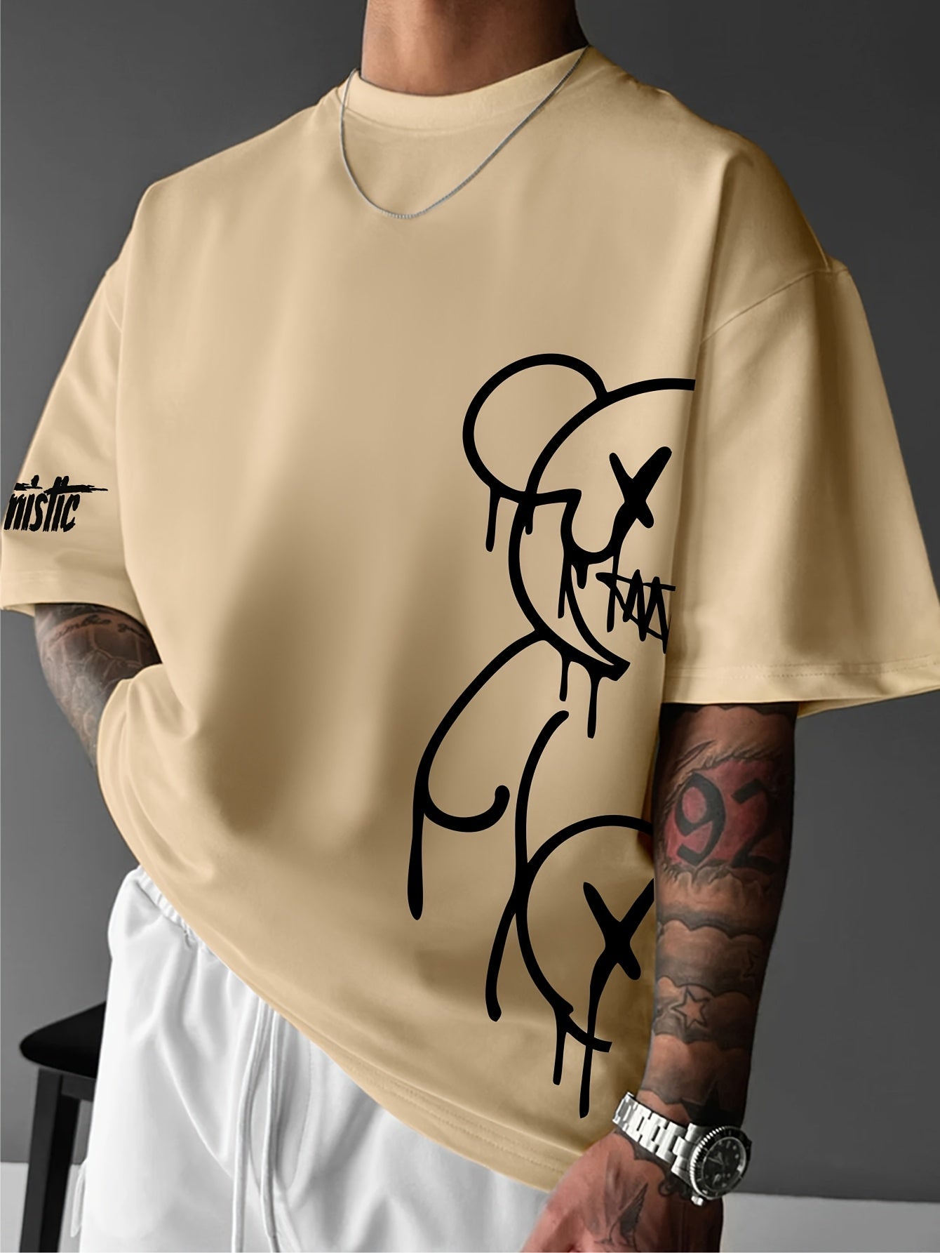 Men'S Casual Street Style Graphic T-Shirt - White with Black Abstract Design, Loose Fit, Short Sleeve, Round Neck, Summer Streetwear, Streetwear Tshirt | Street Style Shirt | Slight Stretch Fabric