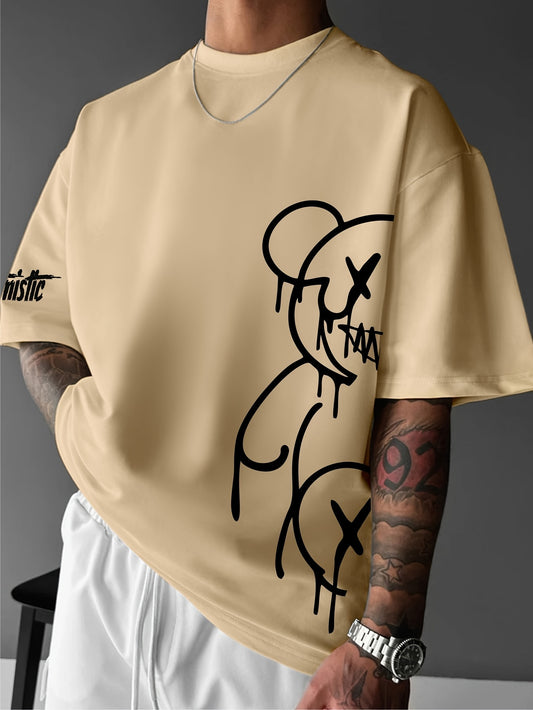 Men'S Casual Street Style Graphic T-Shirt - White with Black Abstract Design, Loose Fit, Short Sleeve, Round Neck, Summer Streetwear, Streetwear Tshirt | Street Style Shirt | Slight Stretch Fabric