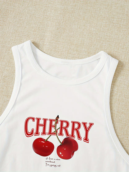 Women's Elegant Cropped Graphic Tank Top - Cherry Print Semi-Sheer Stretchy, Round Neck Sleeveless Shirt, Machine Washable All-Season Casual Top, Ladies Tank Tops, Playful Summer Wear