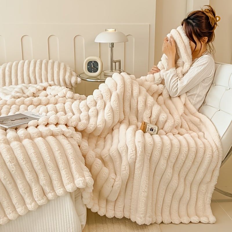 Warm and comfortable flannel drawstring blanket, imitation rabbit fur blanket, soft and warm sofa blanket, suitable for napping, office, outdoor camping, sofa nap blanket, versatile striped pattern gift blanket for all season
