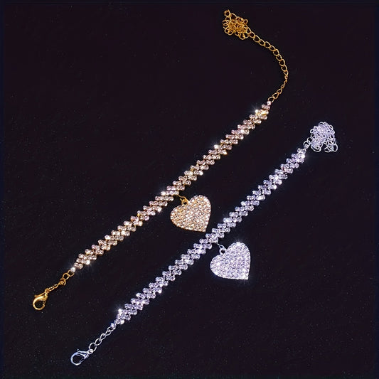 2pcs/set Fashion Fashion Jewelry Luxury Sparkling Rhinestone Rhinestone Peach Heart Love Anklet Bracelet Set Ladies Party Wedding Engagement Jewelry