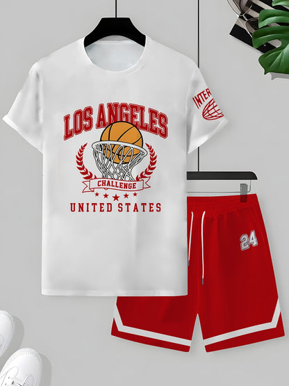 2pcs Men'S Summer Basketball Training Running Suit, Basketball Short Sleeve T-Shirt and 24 Shorts Set