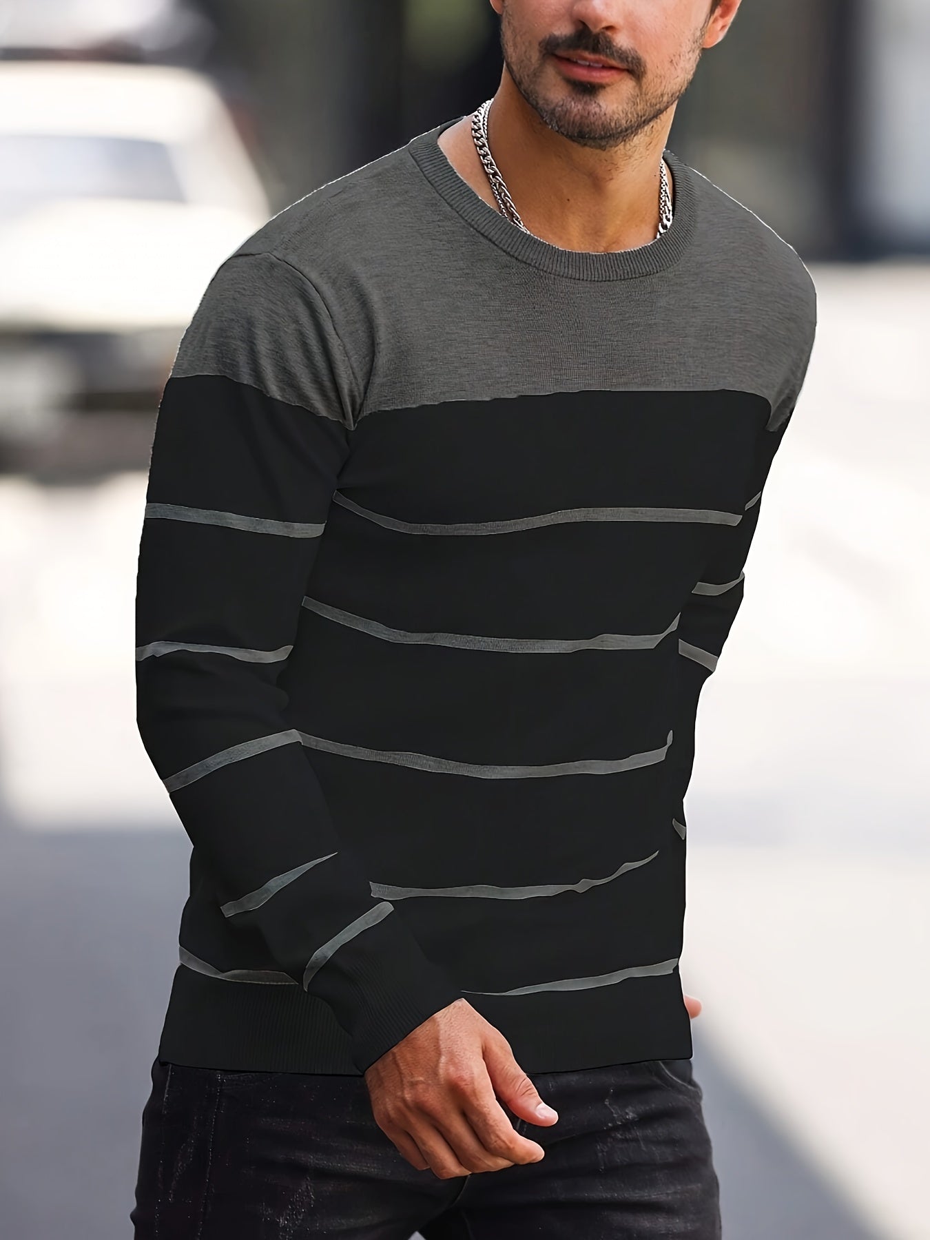 Men's Casual Striped Knit Pullover Sweater - Navy & White Contrast, Regular Fit H-Silhouette, Long Sleeve Crew Neck, Medium Stretch, Machine Washable for Spring & Fall, Mediumstretch Fabric