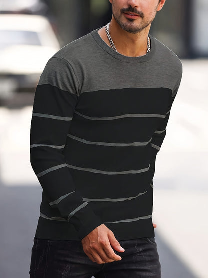 Men's Casual Striped Knit Pullover Sweater - Navy & White Contrast, Regular Fit H-Silhouette, Long Sleeve Crew Neck, Medium Stretch, Machine Washable for Spring & Fall, Mediumstretch Fabric