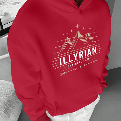 Men's ILLYRIAN TRAINING CAMP Hoodie - Cozy Fleece Sweatshirt with Mountain & Stars Print, Green Casual Pullover for Fall/Winter, Loose Fit, Machine Washable