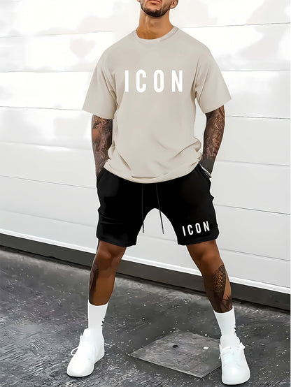 Men'S Casual Sporty Outdoor Two-Piece Set - Summer T-Shirt & Shorts with Bold "ICON" Print, Geometric Pattern, Regular Fit, Crew Neck, Light Blue & Black, Comfortable for Casual Attire, Leisure Clothing | Bold Print Shirt | C