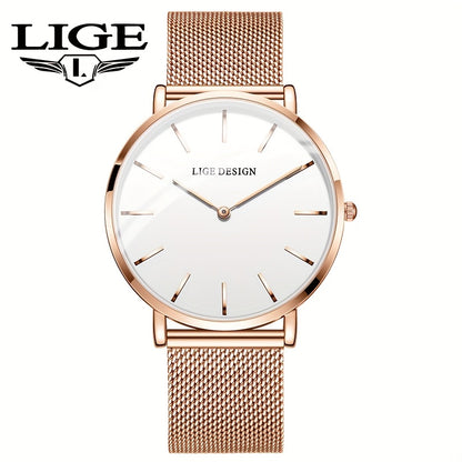 LIGE Women'S Ultra-Thin Quartz Watch with Rose Golden Mesh Strap - Elegant Blue Dial, Minimalist Design, Perfect Gift for Mother'S Day, Christmas, Thanksgiving, Christmas Accessory | Minimalist Watch | Quartz Movement