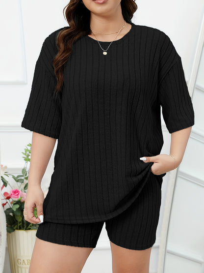 Women's Casual Lounge Set, Plus Size Solid Ribbed Short Sleeve Round Neck Top & Shorts Pajamas 2 Piece Set