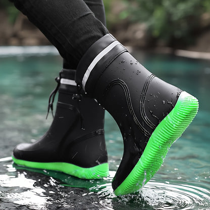 Men'S & Women'S Stylish Black Rain Boots with White Stripes - Waterproof, Slip-On, Round Toe Rain Boots for Outdoor Activities, Camping, and Beach Walking, Outdoor Footwear|Minimalist Design|PVC Upper Boots