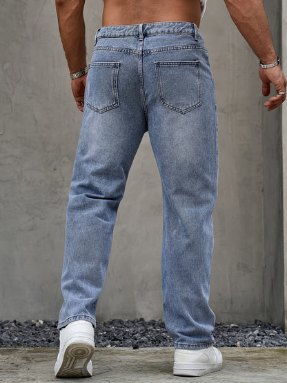 Men's Classic Regular Fit Jeans - Non-Stretch Machine-Washable Denim, Water-Washed Texture, Solid Color Casual Pants for All-Season Casual Attire, Straight Leg Jeans, Versatile Clothing, Durable Construction, Outdoor Clothing
