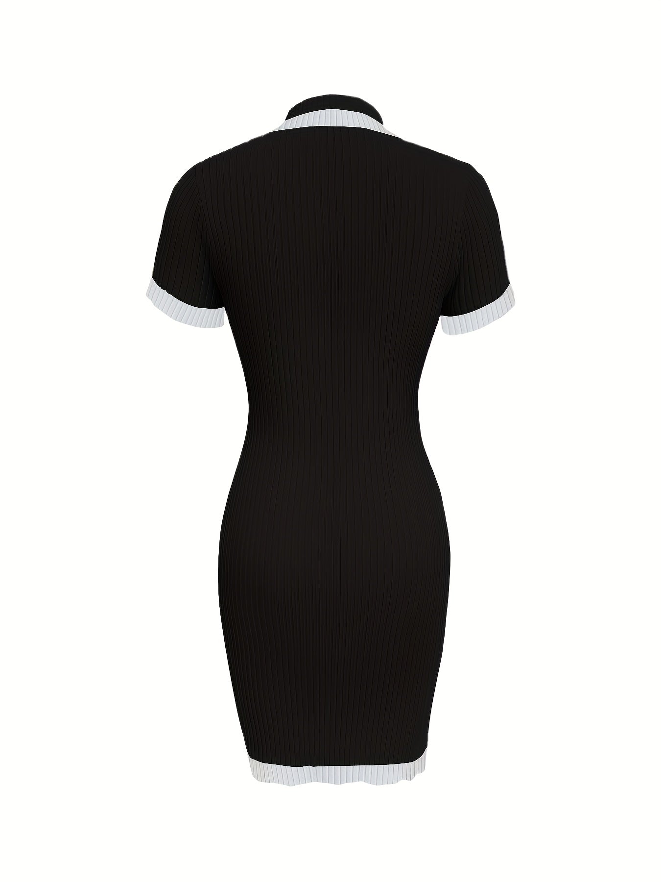 Elegant Ribbed Contrast Trim Bodycon Dress - Stand Collar, Pencil Style, Color Block Detail, Black with White Accents, Stylish Evening Attire, Evening Dress|Stylish Stand Collar|Ribbed Texture