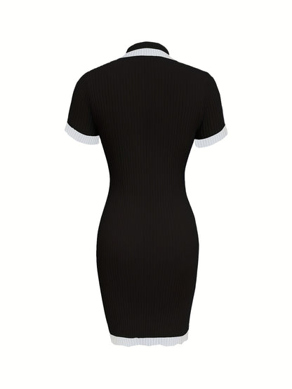 Elegant Ribbed Contrast Trim Bodycon Dress - Stand Collar, Pencil Style, Color Block Detail, Black with White Accents, Stylish Evening Attire, Evening Dress|Stylish Stand Collar|Ribbed Texture