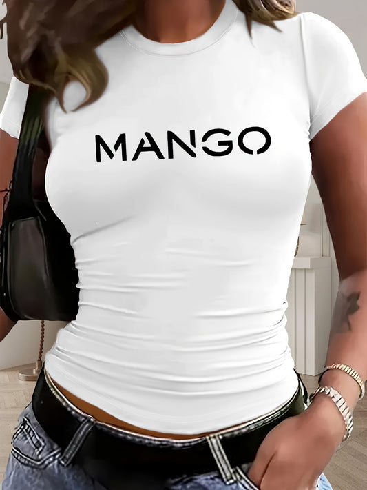Women's Y2K Style Slim-Fit Cropped Short Sleeve T-Shirt - White with Bold Black 'MANGO' Graphic Print, Semi-Sheer Round Neck Top, Medium Stretch Machine Washable for Spring/Summer Casual Wear