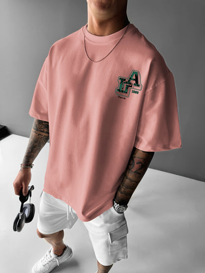 Men'S Casual Y2K LA Graphic T-Shirt - Bold Oversized "LA" Letter Print, Comfortable & Breathable with Slight Stretch, Perfect for Home & Outdoor Activities, Spring/Summer Fashion, Machine Washable, Loose Fit Short Sleeve Crew